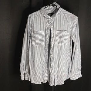 blue and white striped button up shirt